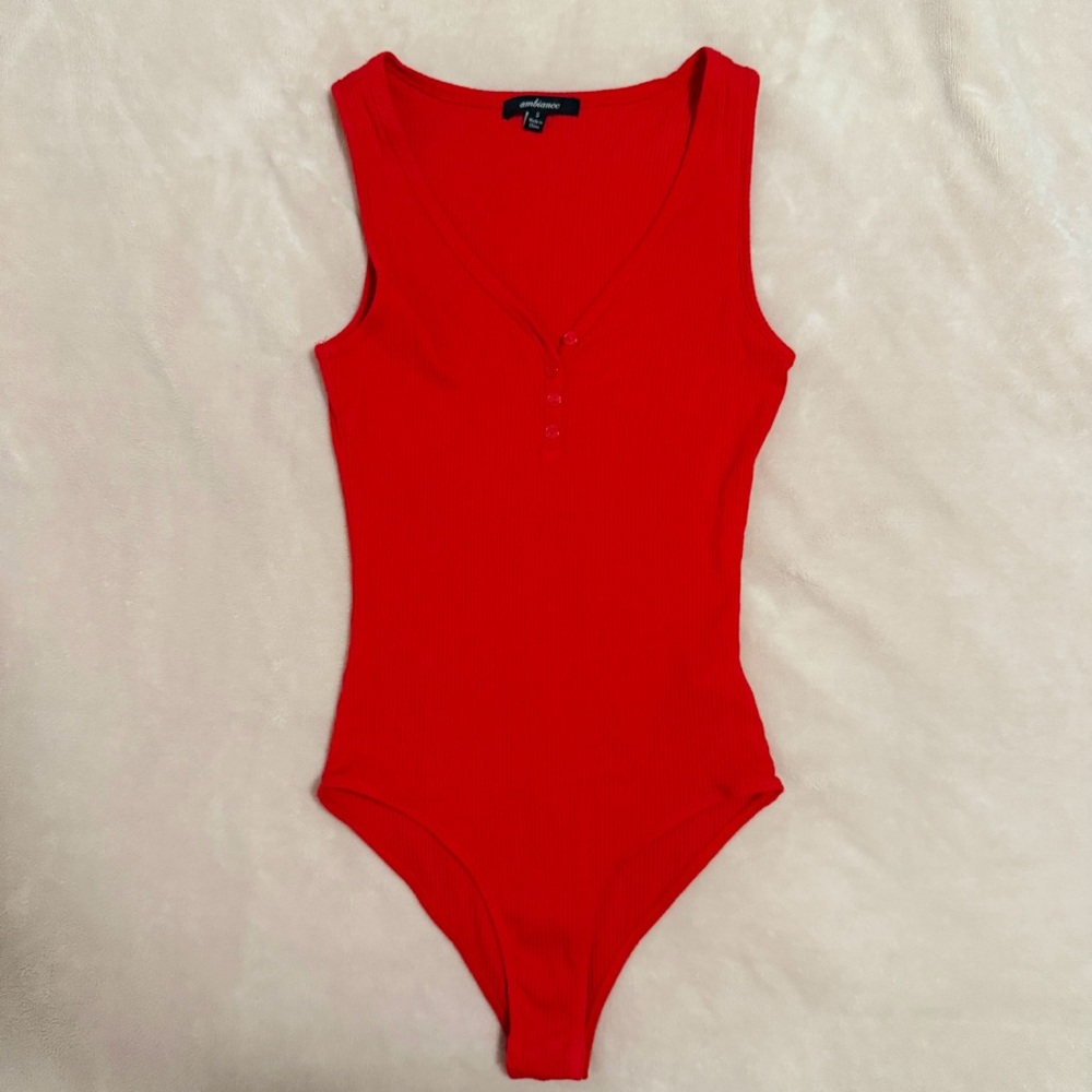 Fashion Nova Red Henley Button Up Front Sleeveless Ribbed Tank Bodysuit
